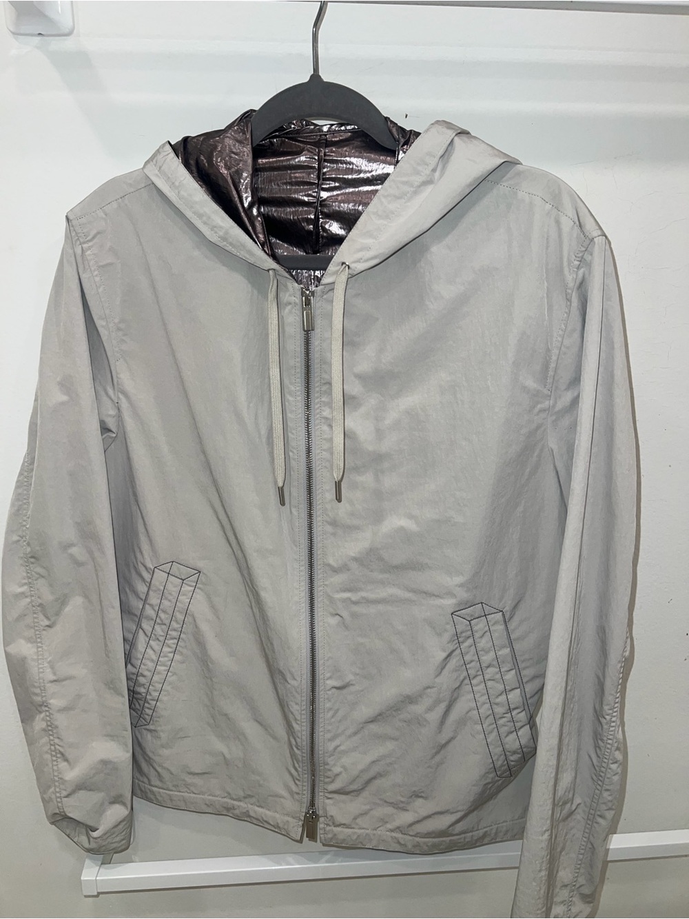Hermes Light Gray Hooded Zip Jacket with Metallic Lining